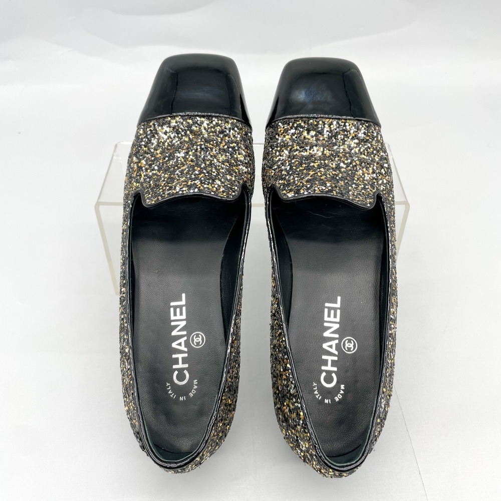 Chanel Womens 38.5 8.5 Glitter Loafers CC Black Gold Patent Leather Cap Toe Flat - Picture 7 of 9
